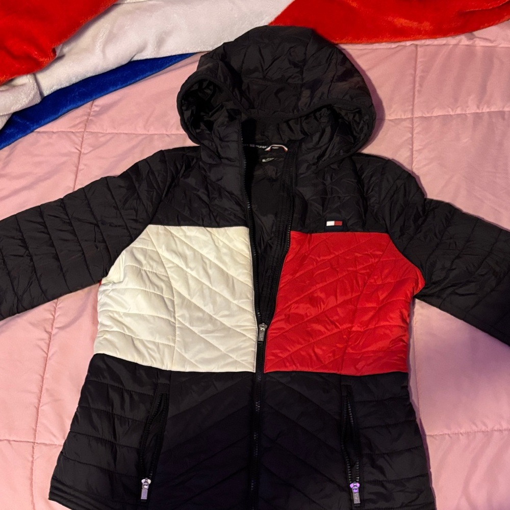 Tommy Hilfiger Black, White, and Red Quilted Jacket